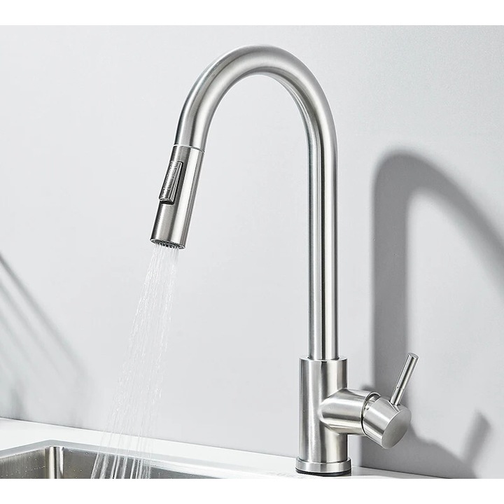 Konyhai csaptelep visszahúzható zuhanyzóval, 360°-os forgatással, kettős víz üzemmóddal, szálcsiszolt nikkel