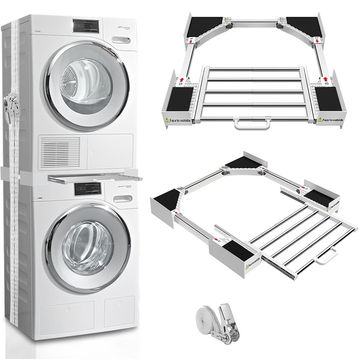 Универсален комплект за подреждане на пералня и сушилня, BYONDSELF®, с поставка за кърпи, фиксиращи ленти и опора за вратата на пералнята, прибиращ се, стабилен и лесен за монтаж, бял