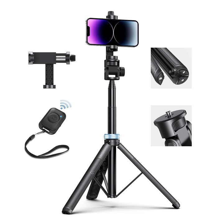Trepied foto telescopic profesional JustZEN, pentru telefon/camera foto/GoPro, telecomanda bluetooth, functie selfie stick, ajustabil, Universal, Durabil si Usor, Negru/Albastru