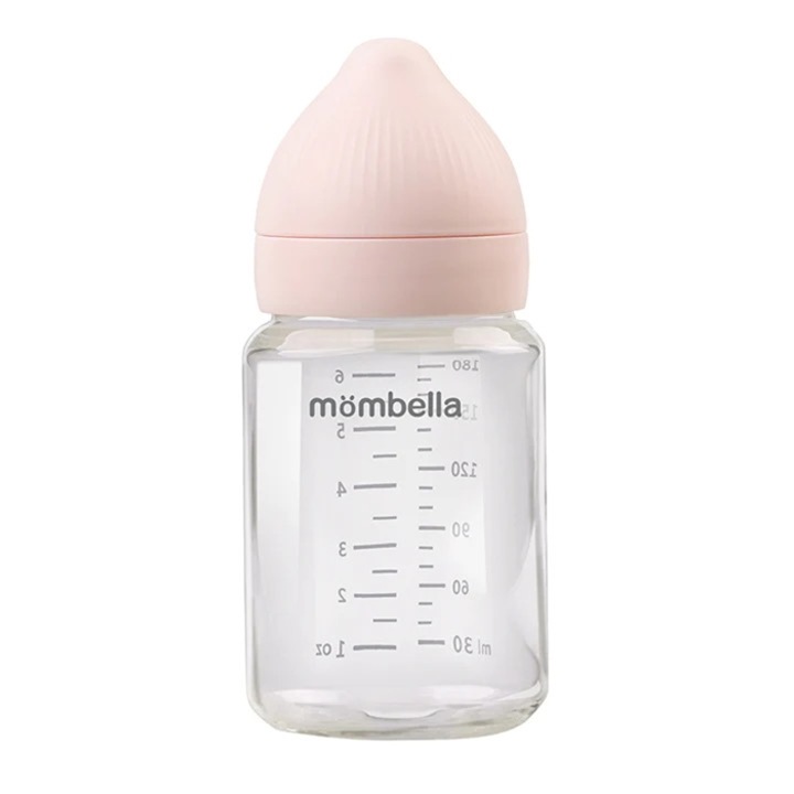 Biberon din sticla pentru bebelusi, Mombella, Classic 180 ml, anticolici, silicon, roz, 3-6 luni