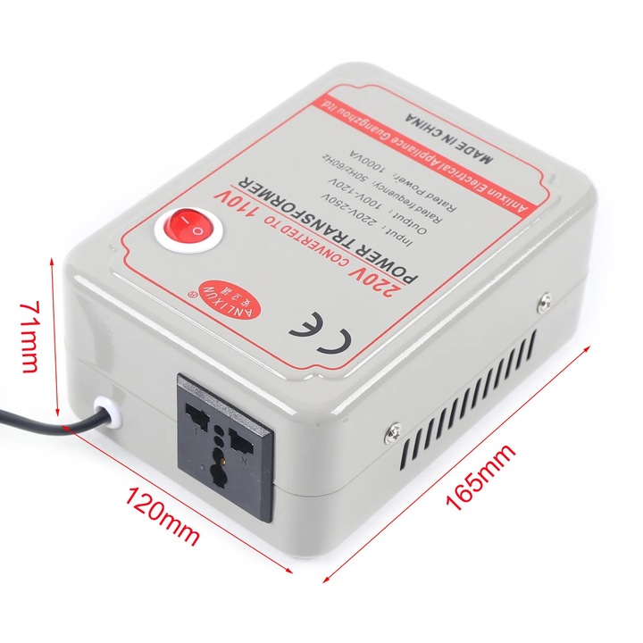 Transformator de putere, 1000W, 220V-250V la 110V-120V, dimensiuni 165x120x71mm, greutate 2.55Kg