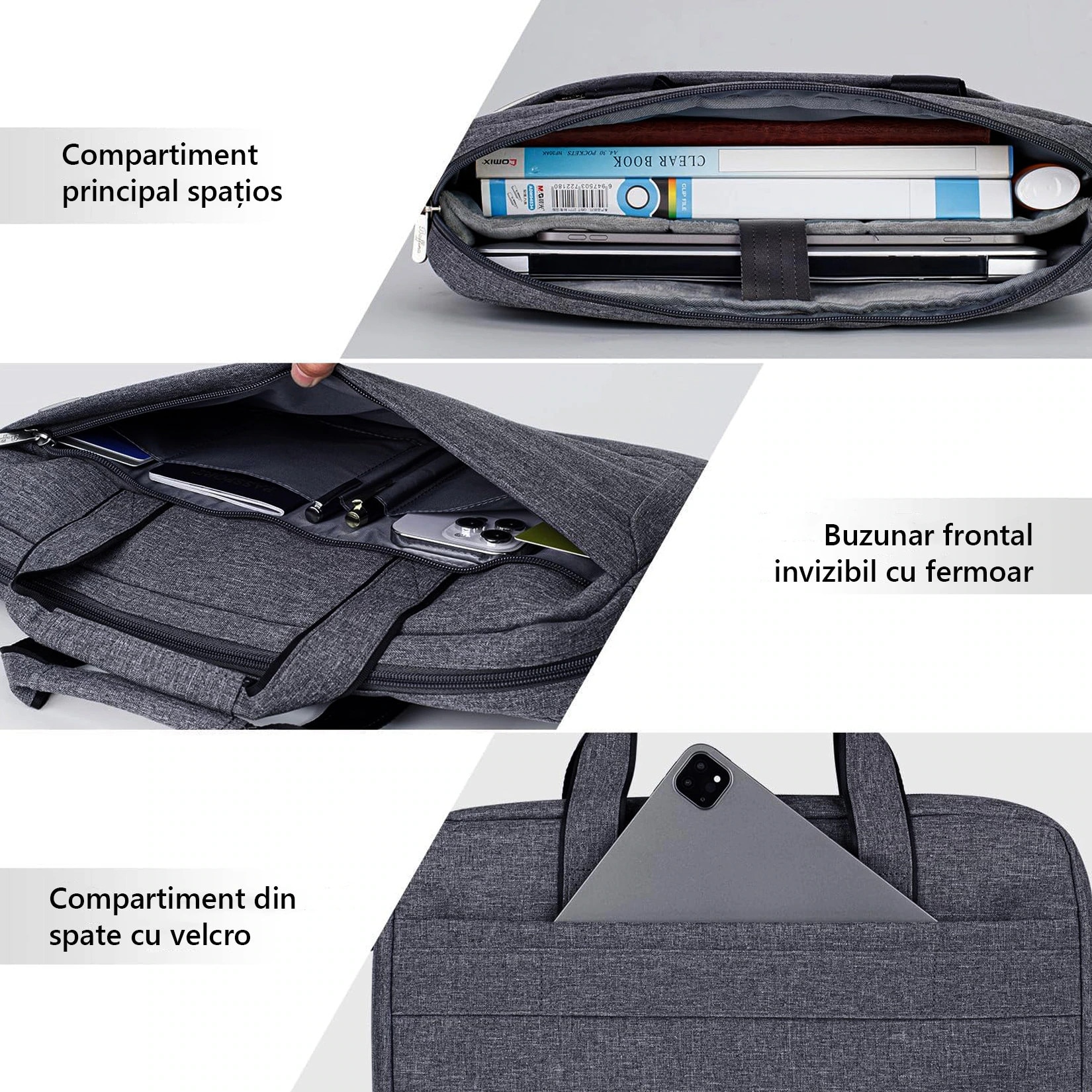 Geanta laptop, 13-15 inchi, ultrabook, captuseala microfibra, impermeabila, gri, 41x3x32cm.