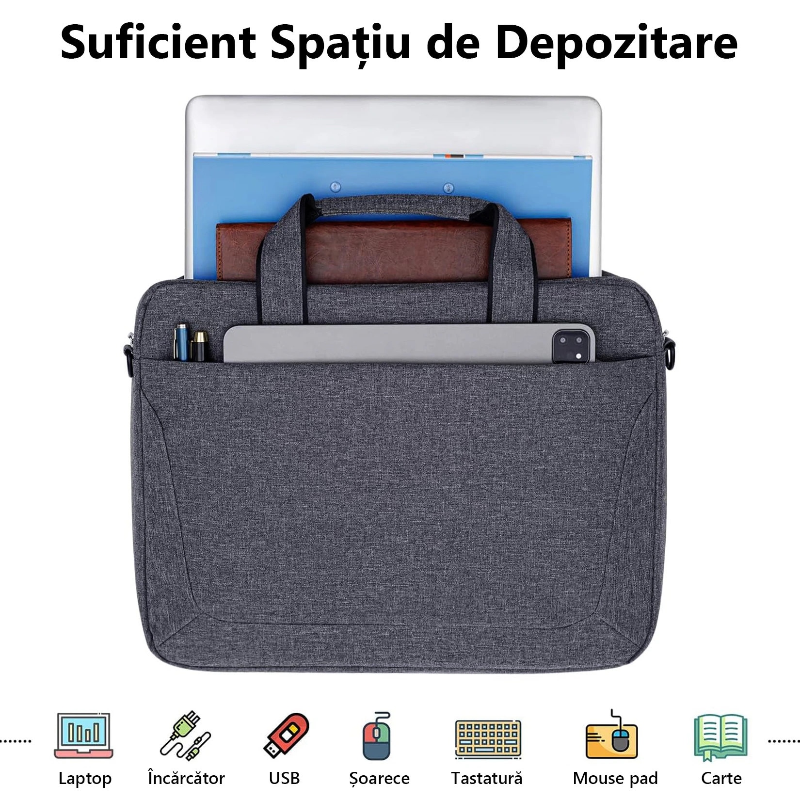 Geanta laptop, 13-15 inchi, ultrabook, captuseala microfibra, impermeabila, gri, 41x3x32cm.