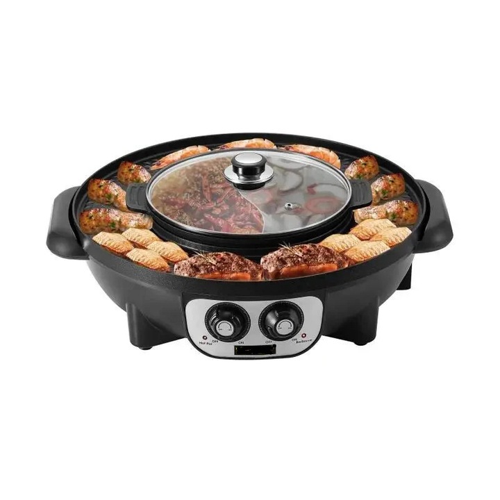 Elektromos Hot Pot Grill, 2 az 1-ben kettős hőmérsékletszabályozás, fekete
