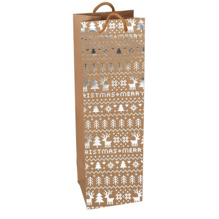 Punga cadou pentru sticle, Openhome, hartie, imprimare metalica Craciun, 35x12,5x9cm