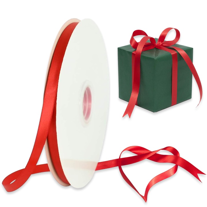 Ribona satinata rosie pentru decorare petreceri, 6mm latime x 91 metri lungime, material poliester, ideala pentru baloane si ambalare cadouri
