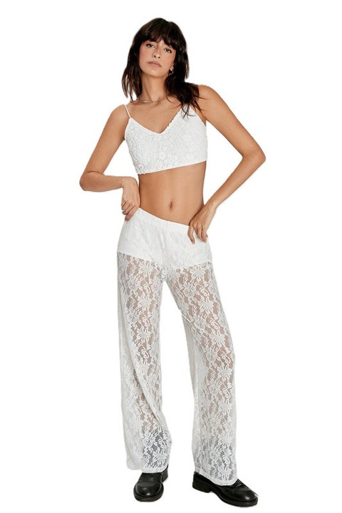 Pantaloni Dama, Dantela, Croiala Lejera, Talie Inalta, Alb