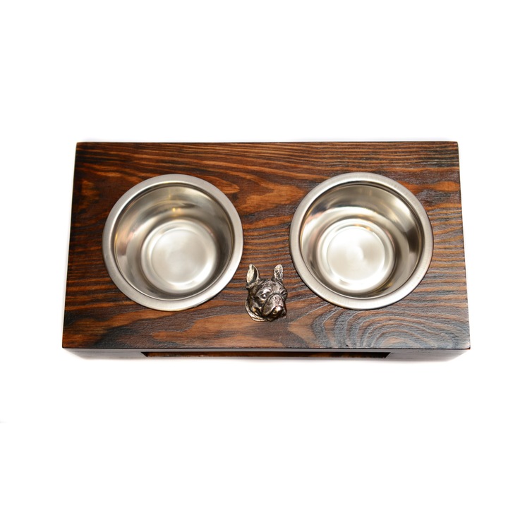 Suport din lemn cu 2 boluri pentru caini, Art-Dog, 60x30x10cm, boluri din otel inoxidabil, decorat cu basorelief de caine