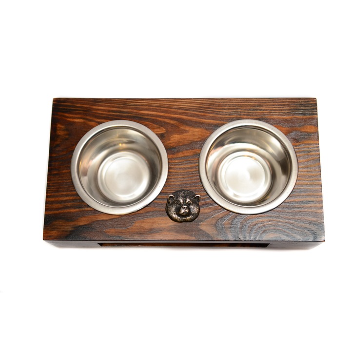 Suport din lemn cu 2 boluri pentru caini, Art-Dog, 60x30x10cm, boluri din otel inoxidabil, decorat cu basorelief de caine