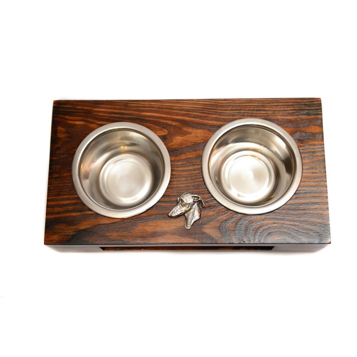 Suport din lemn pentru doua boluri pentru caini, Art-Dog cu boluri din otel inoxidabil, dimensiuni 60x30x10cm, culoare naturala, set