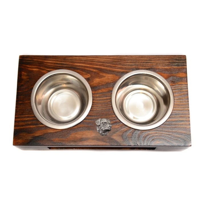 Suport din lemn pentru doua boluri pentru caini, Art-Dog cu boluri din otel inoxidabil, dimensiuni 60x30x10cm, culoare naturala, set