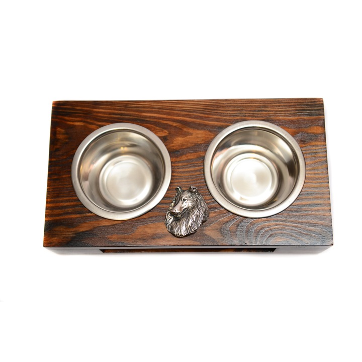 Suport din lemn cu 2 boluri din inox pentru caini, Art-Dog 60x30x10cm, cu basorelief