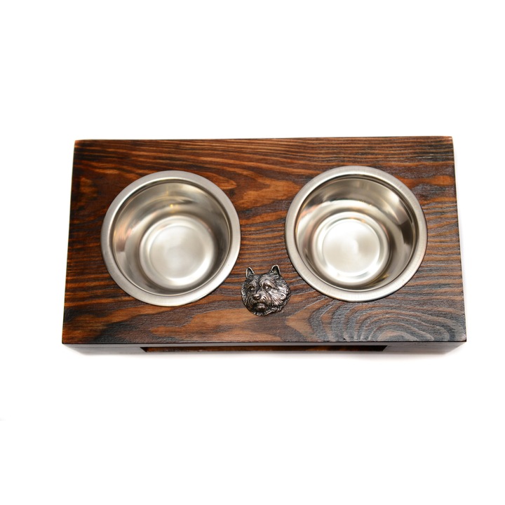 Suport din lemn pentru doua boluri pentru caini, Art-Dog cu boluri din otel inoxidabil, dimensiuni 60x30x10cm, culoare naturala, set