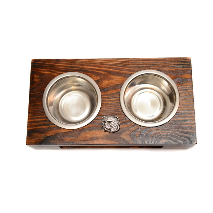 Suport din lemn pentru doua boluri Art-Dog cu boluri din otel inoxidabil, dimensiuni 60x30x10cm, culoare naturala, set