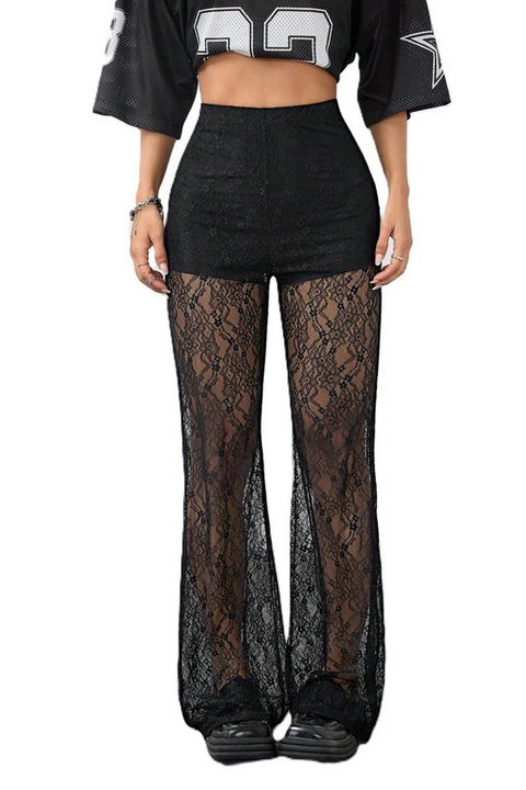 Pantaloni Dama, Dantela, Croiala Slim-Fit, Talie Inalta, Negru