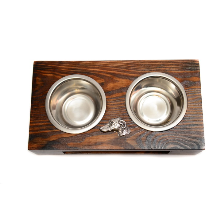 Suport din lemn pentru doua boluri pentru caini, Art-Dog cu boluri din otel inoxidabil, 60x30x10cm, multicolor, set