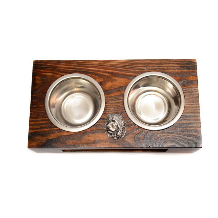 Suport din lemn pentru doua boluri pentru caini, Art-Dog cu boluri din otel inoxidabil, 60x30x10cm, multicolor, set