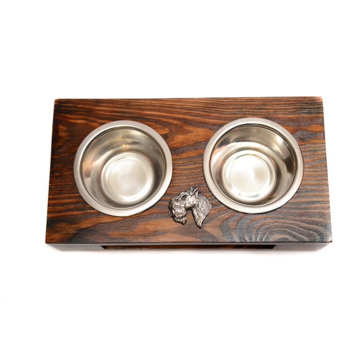 Suport din lemn pentru doua boluri Art-Dog cu doua boluri din otel inoxidabil, 60x30x10cm, multicolor