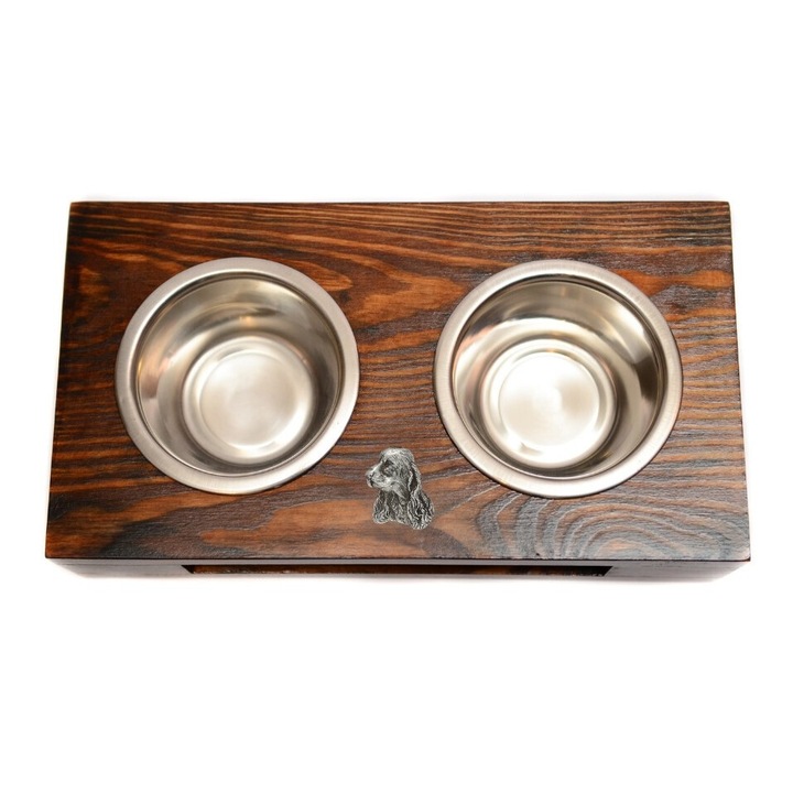 Suport din lemn pentru doua boluri pentru caini, Art-Dog cu boluri din otel inoxidabil, 60x30x10 cm, multicolor, L