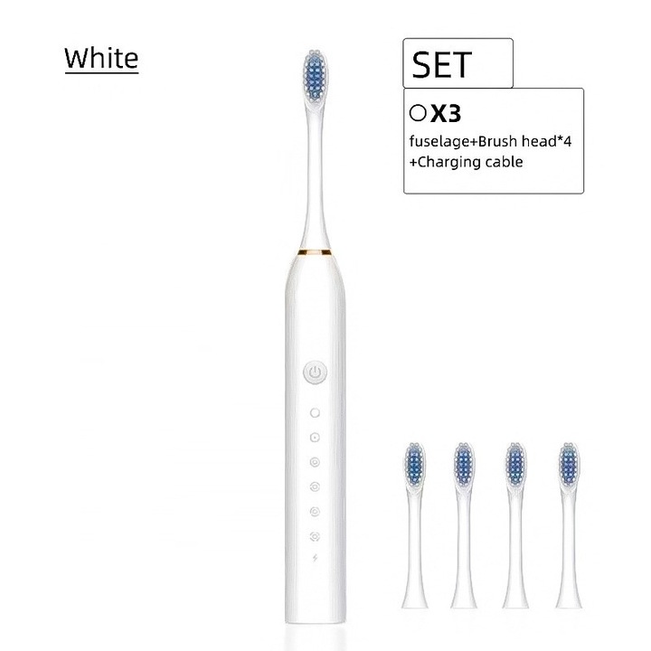 Fehér elektromos fogkefe, 4 kefefej, 6 rezgési mód, vízálló