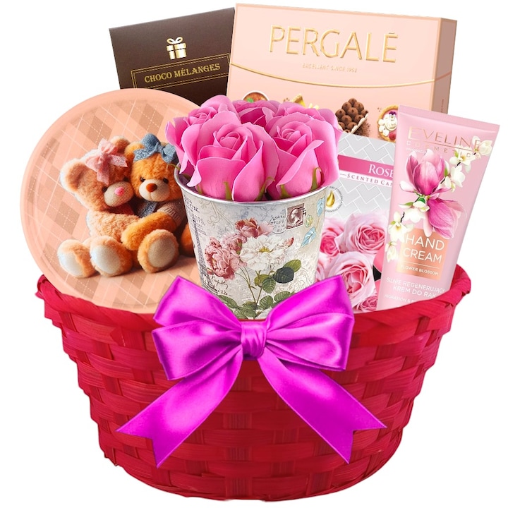 Cos Cadou pentru Femei cu Trandafiri Roz, Praline, Fursecuri Daneze, Alune in Ciocolata, Crema Hidratanta si Lumanari Parfumate - Ambalaj Festiv, Aniversare, 8 Martie, Craciun, Paste, Sweet Rose, CADOURI RAFINATE®