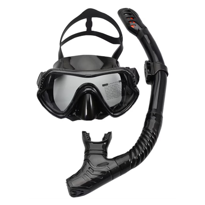 Masca de snorkeling si tub de respiratie, kit de scufundari si snorkeling, lungime reglabila a curelei, material siliconic, design ergonomic, negru