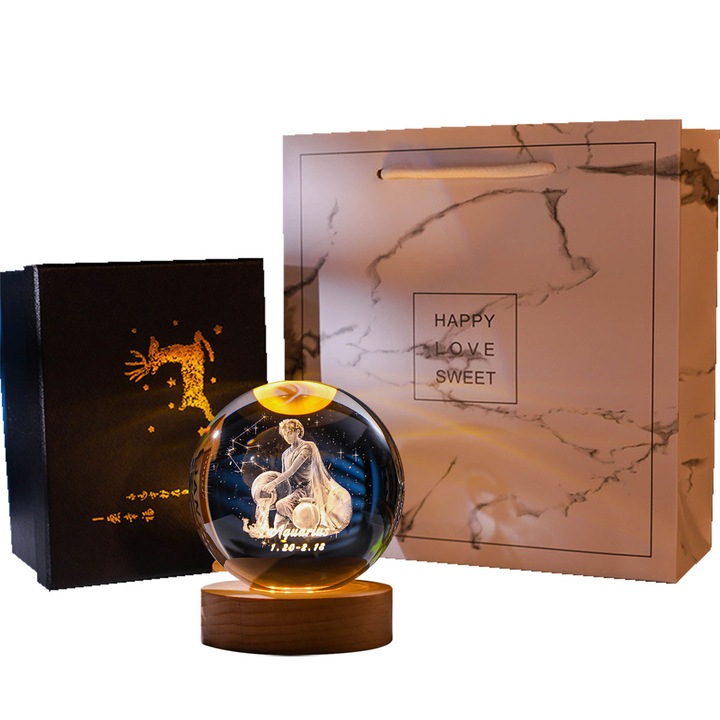 Kristálygömb LED-del, QttvbTna, kristályüveg / fa, vízöntő, meleg fény, USB, 8 cm, többszínű