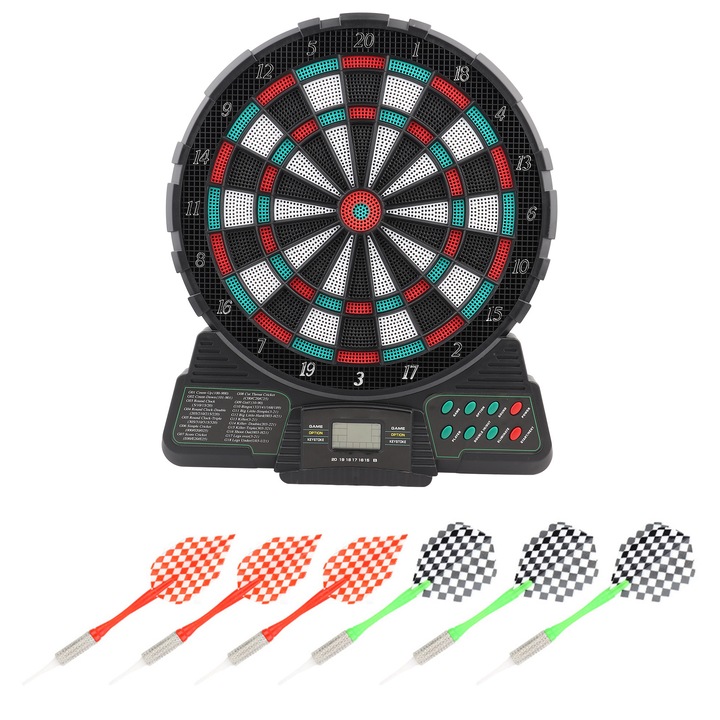 Elektronikus darts szett táblával, 6 nyíllal, 18 heggyel, 31x37x2.5cm, 1-8 játékos számára
