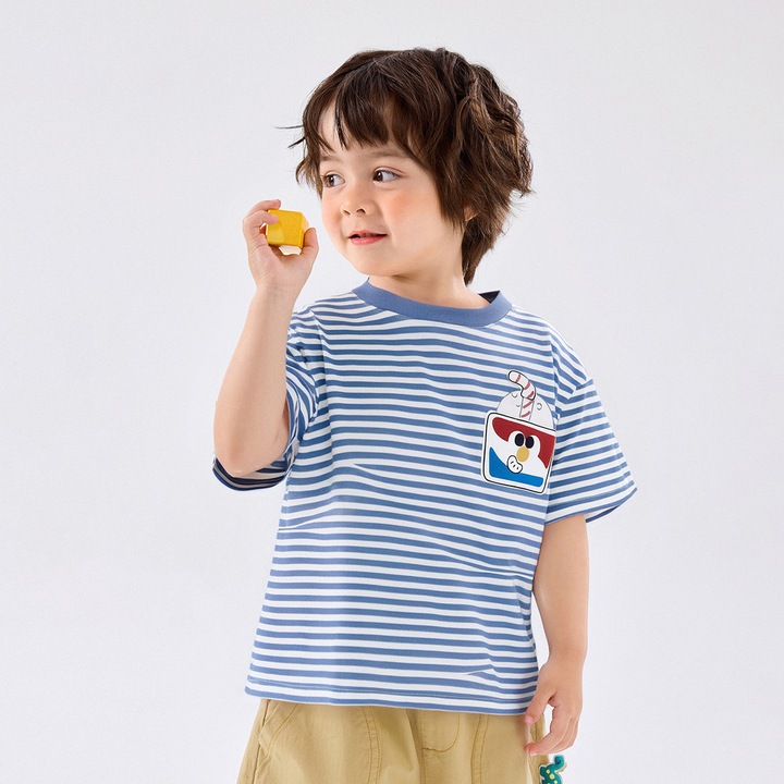 Gyerek póló, pamut, kék csíkos, 100 cm, 3-4 éves korig