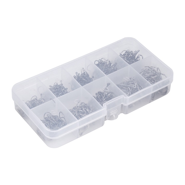 500 darab szénacél horgászhorog dobozzal, 3-12-es méret, válogatott méretek