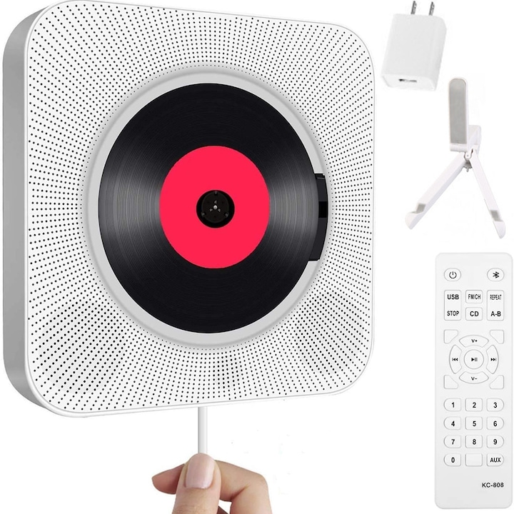 Hordozható, multifunkcionális, Bluetooth-os, falra szerelhető CD-lejátszó USB-támogatással, távirányítóval, 3,5 mm-es audiokábellel és porvédővel