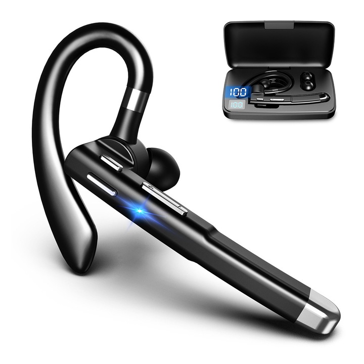 Vezeték nélküli Bluetooth headset, 8 óra beszélgetési idő, univerzálisan kompatibilis, fekete