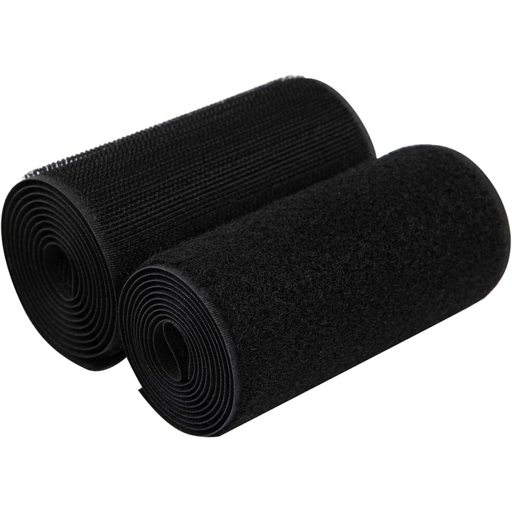 Banda Velcro 10cmx1M, neagra, set 1 rola hook si 1 rola loop, tip cusut, rezistenta, reutilizabila
