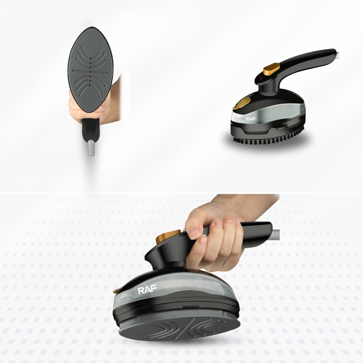 Aparat de calcat cu abur portabil RAF, 800W, rezervor 95ml, suprafata abur 110cm, maner rotativ 90°