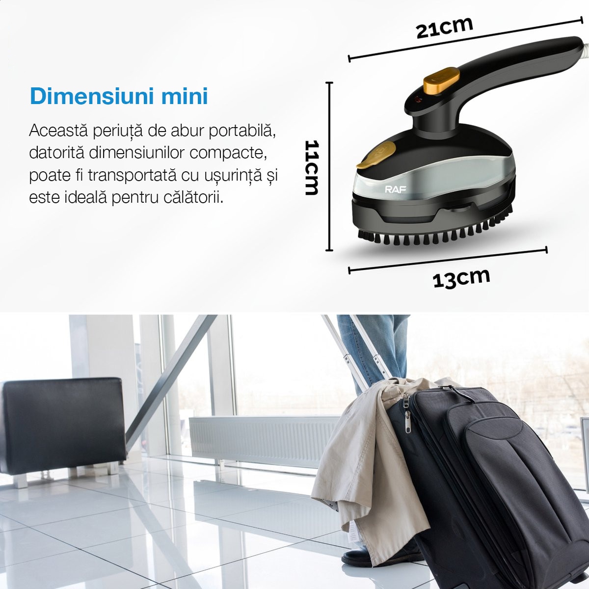 Aparat de calcat cu abur portabil RAF, 800W, rezervor 95ml, suprafata abur 110cm, maner rotativ 90°