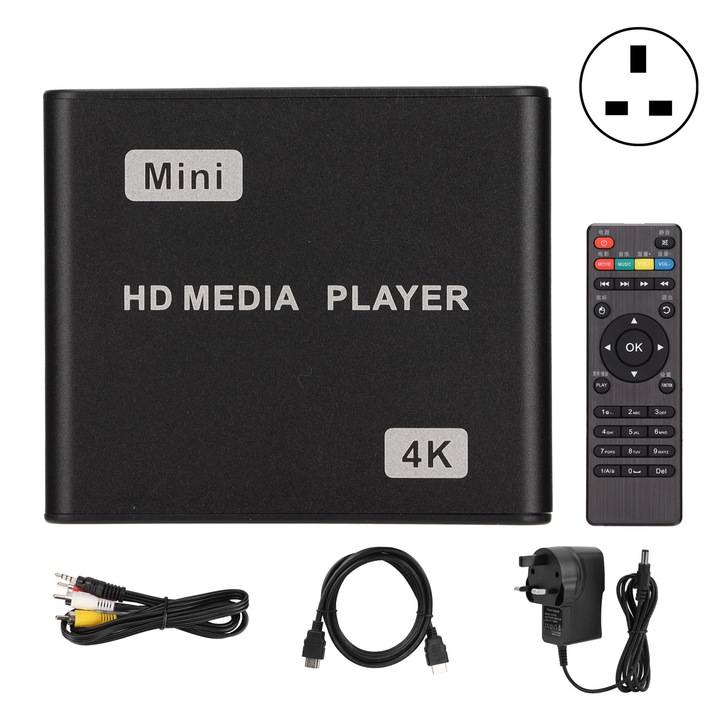 4K HD медиен плейър, черен, 100-240V, с дистанционно управление