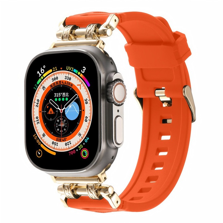 Curea pentru smartwatch, Silicon/Metal, Pentru Apple Watch 38mm/40mm/41mm, Portocaliu/Auriu