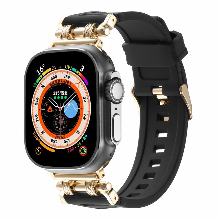 Curea pentru smartwatch, Silicon/Metal, Pentru Apple Watch 38mm/40mm/41mm, Negru/Auriu