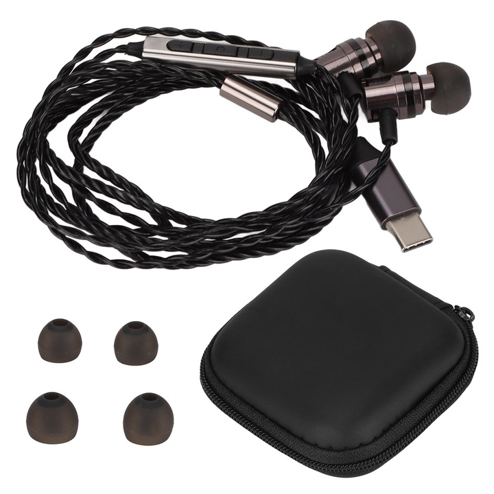 Casti cu fir, HiFi stereo, DAC, microfon, Type C, negru