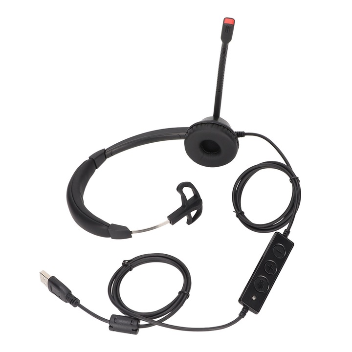 USB fejhallgató mikrofonnal, zajcsökkentés, fekete, fülre helyezhető, hosszú kábel