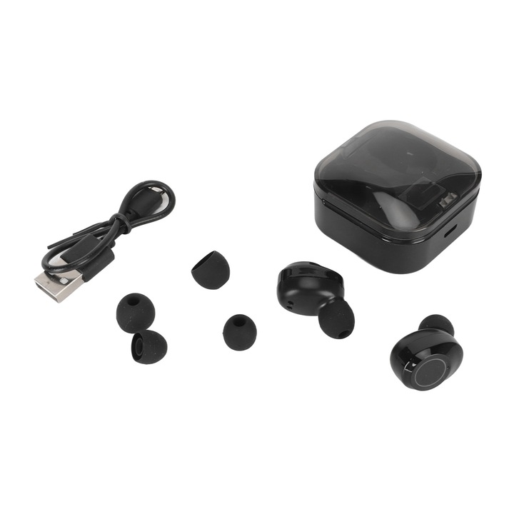Vezeték nélküli Bluetooth 5.3 fülhallgató, IPX7, fekete, töltővel, 200mAh