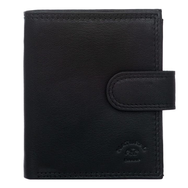 Portofel barbati din piele naturala, negru, cu protectie RFiD, 9 compartimente pentru carduri, inchidere cu capse