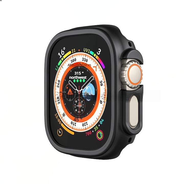 Carcasa de protectie pentru Apple Watch Ultra 49mm, cu protectie din sticla temperata 9H, design slim, Neagra
