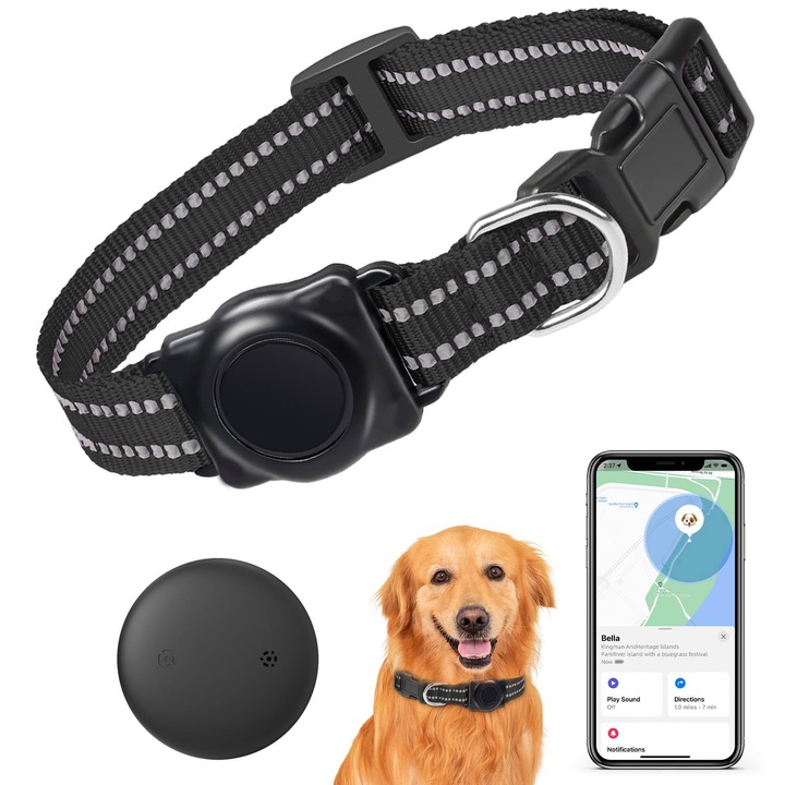 GPS-es kisállatkövető, előfizetés nélkül, kutyáknak (csak iOS), fényvisszaverő nyakörv, IP67 vízálló, Apple Find My kompatibilis, IP67, fekete