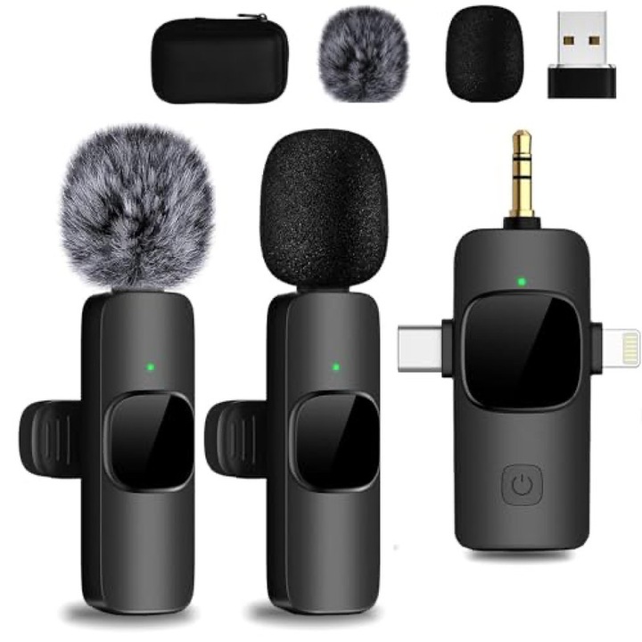Set de 2 Microfoane Lavalier Profesionale, CAKMGER, Reducere Zgomot de Fundal, Compatibile cu Telefoane Mobile