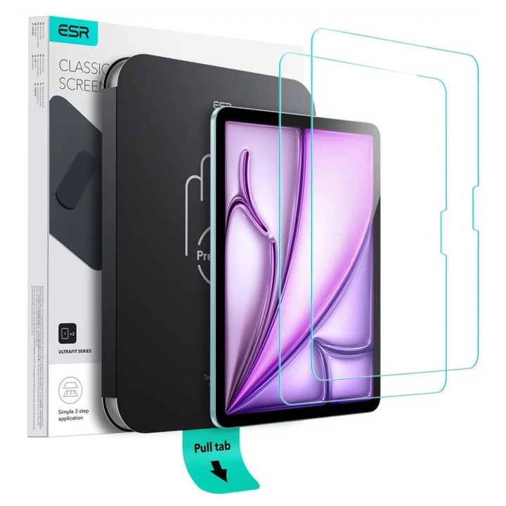 Фоли, Съвместимо с iPad Air 13 (2024) / Air 13 (2025) (комплект 2) - ESR Tempered Glass Screen Protector UltraFit Tray (2 броя в опаковка) - Прозрачно