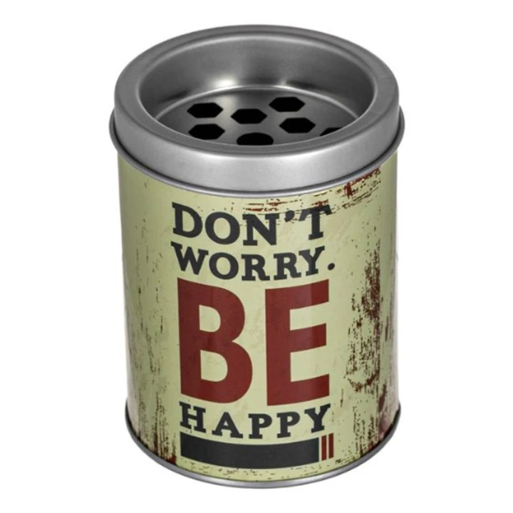 Fém hamutartó, szélálló, Ne aggódj Be Happy feliratos, 8 x 10 cm