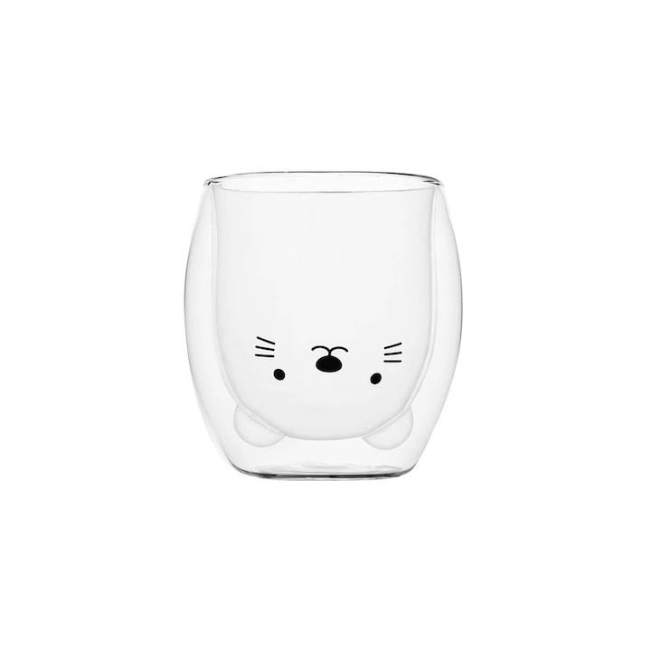 Set cana din sticla cu pereti dubli, ZGGZERG, Interior ursuleti, Termorezistenta, Reutilizabila, Usor de curatat, Design ergonomic, Potrivita pentru cappuccino, Smoothie-uri, Fulgi de ovaz, Sticla borosilicata, Capacitate 250 ml, Transparent+Negru