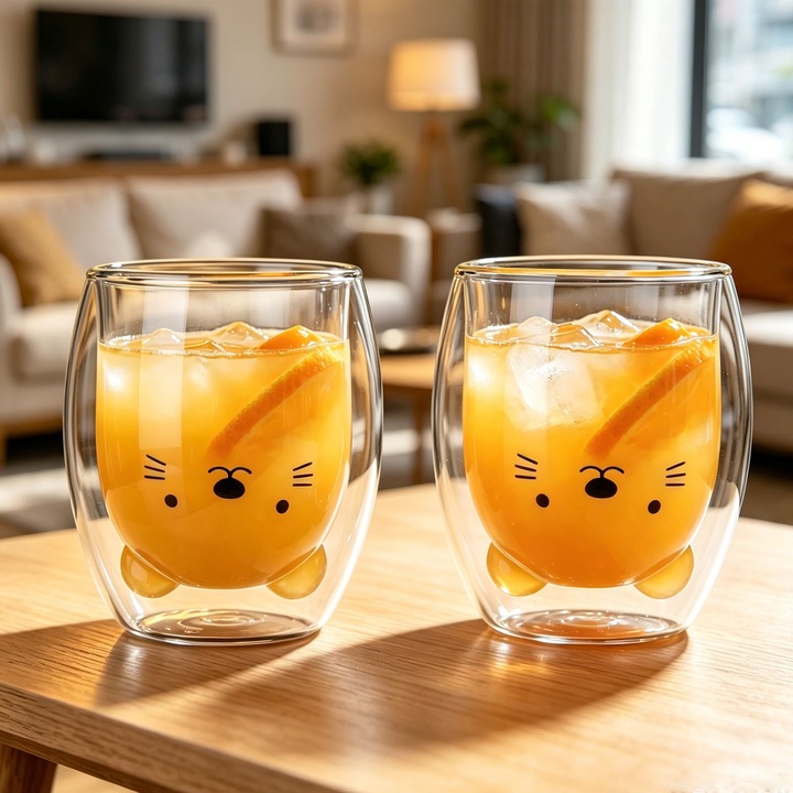 Set cana din sticla cu pereti dubli, ZGGZERG, Interior ursuleti, Termorezistenta, Reutilizabila, Usor de curatat, Design ergonomic, Potrivita pentru cappuccino, Smoothie-uri, Fulgi de ovaz, Sticla borosilicata, Capacitate 500 ml, Transparent+Negru