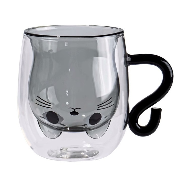 Cana din sticla cu pereti dubli, ZGGZERG, Interior in forma de pisica, Rezistente la caldura, Reutilizabil, Usor de curatat, Design ergonomic, Pentru Capucinno, Smoothie-uri, Fulgi de ovaz, Sticla borosilicata, Capacitate 270ml, Negru